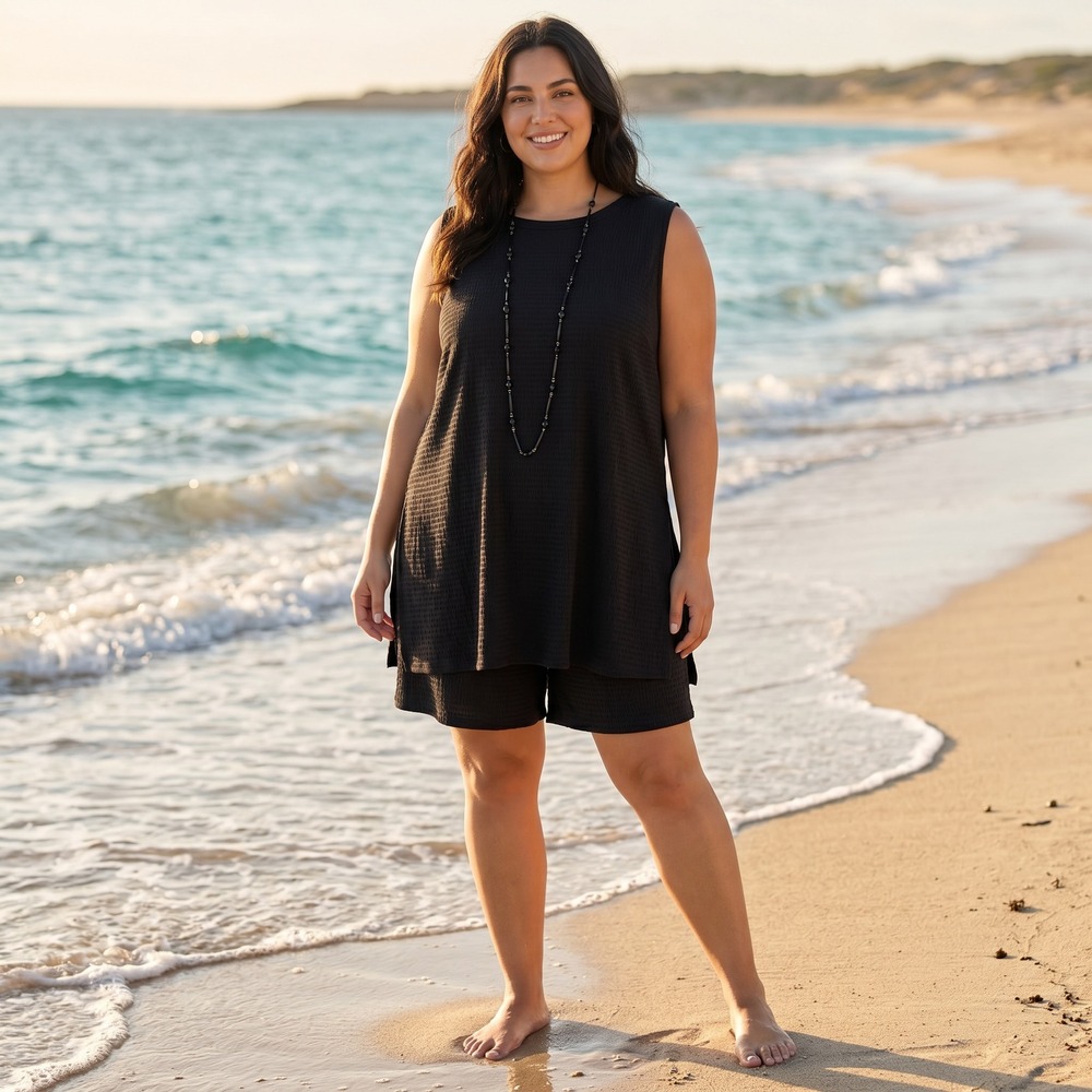 SHEIN Womens Plus Size 3XL Black Textured Lounge Resort Short Set & 44" Necklace